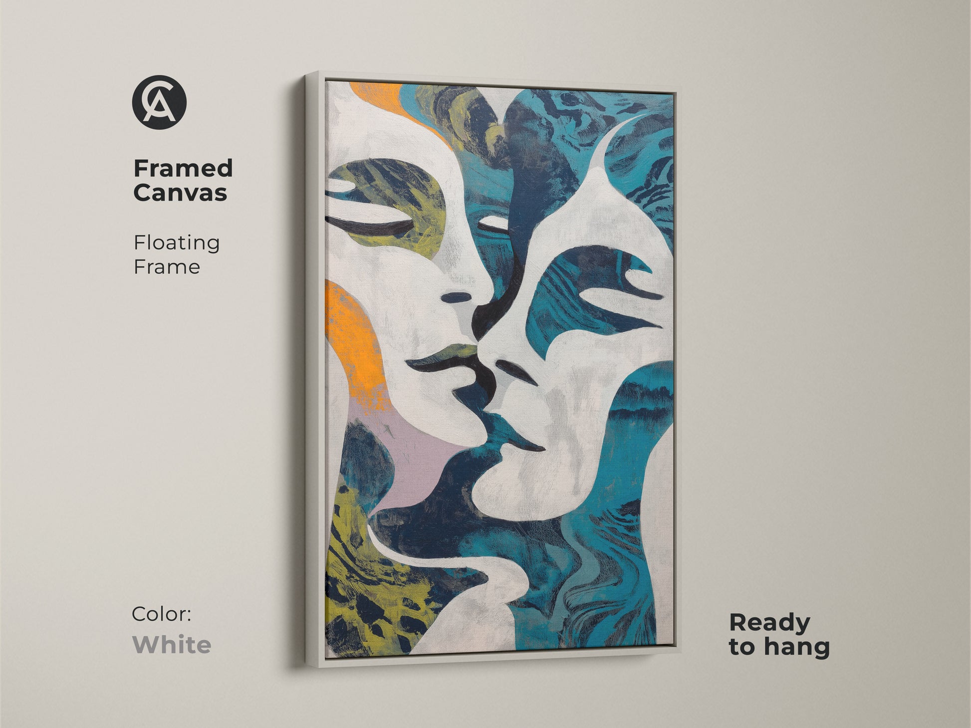 Explore modern art with this abstract figurative canvas. This intertwined figures artwork features a blend of teal orange and navy. A contemporary piece perfect for eclectic home decor. Elevate your living space with this unique wall art decor.