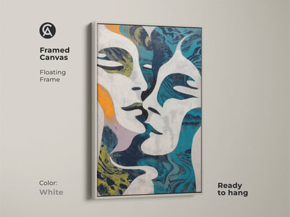 Explore modern art with this abstract figurative canvas. This intertwined figures artwork features a blend of teal orange and navy. A contemporary piece perfect for eclectic home decor. Elevate your living space with this unique wall art decor.