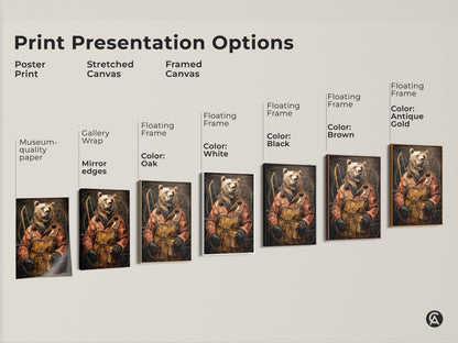 Print presentation options showcasing various styles of the Bear Fisherman art. Poster print stretched canvas and framed canvas are available. Select from museum-quality paper gallery wrap or floating frames. Choose colors like white black brown antique gold and oak for perfect study decor.