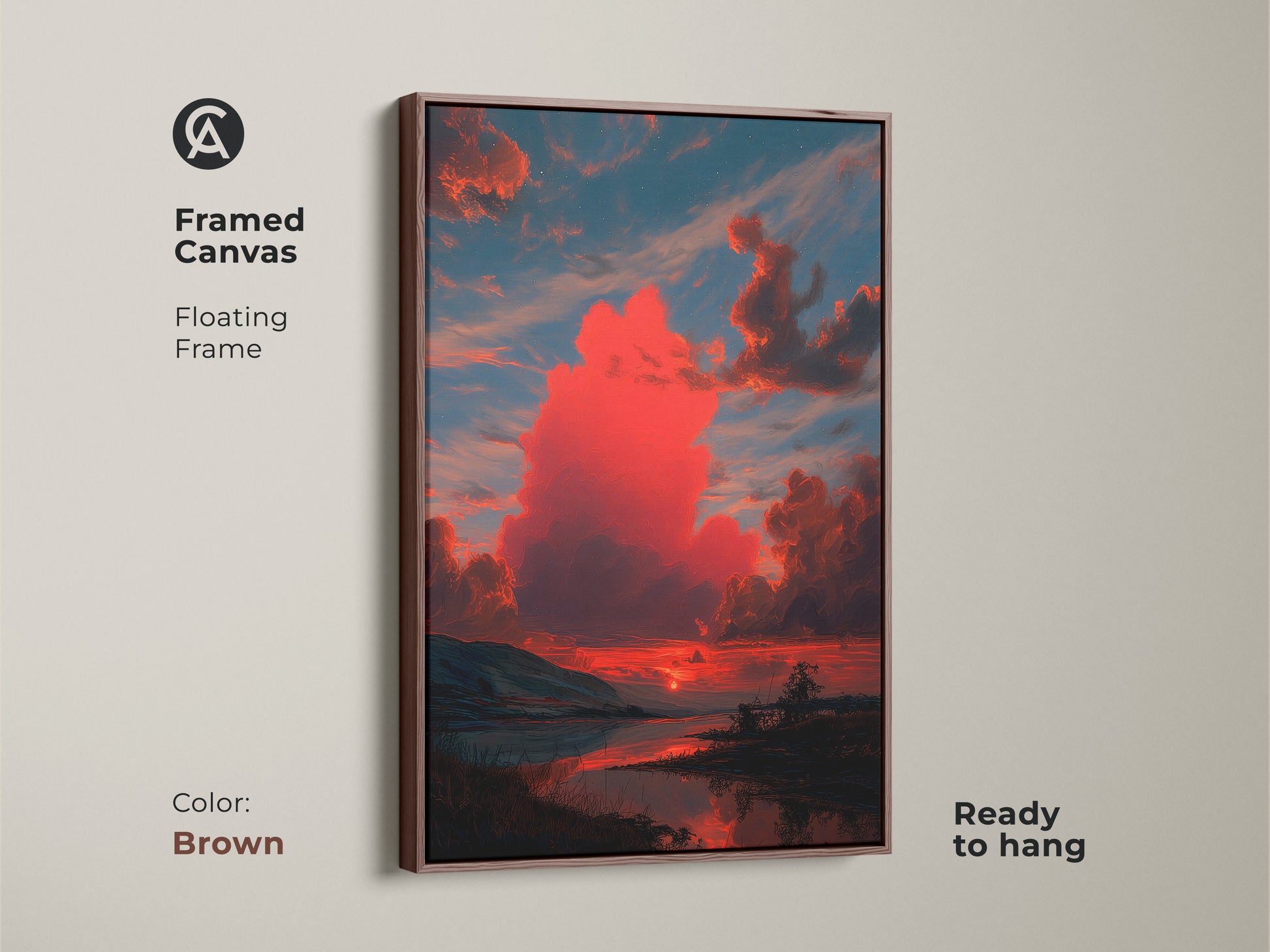 This is a framed canvas print with a brown floating frame. It features a crimson sunset reflecting on water. The teal and orange clouds create a painterly nature scene. This artwork is ready to hang.