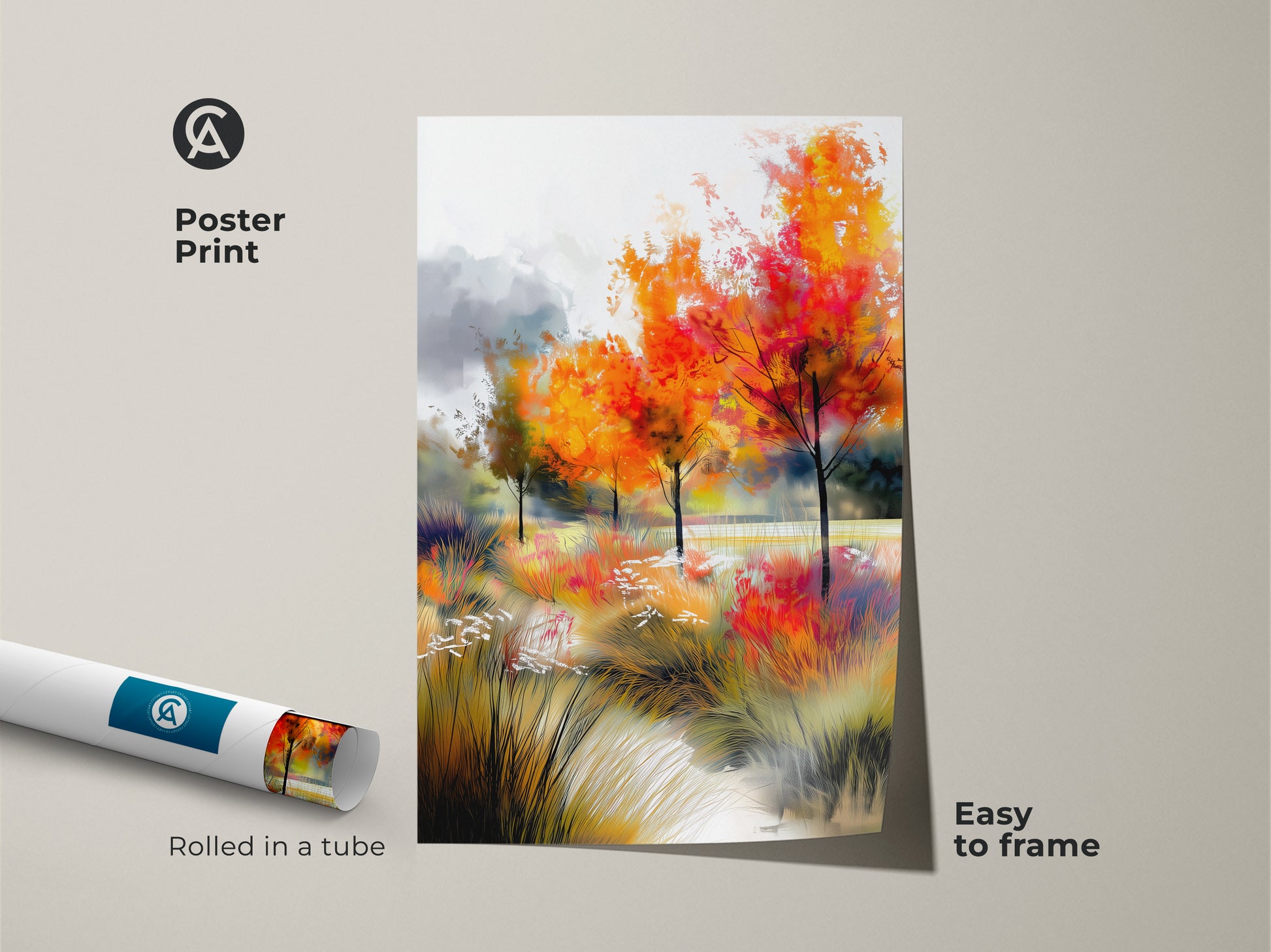 Poster print featuring an autumn landscape. This fine art poster is rolled in a tube. It is easy to frame and display. The colorful trees and artistic details make it a striking piece. Add nature to your walls.