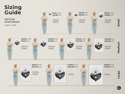 Sizing guide for the vertical orientation of the minimalist floating island canvas and poster prints. Available in small medium and large sizes. Find the perfect fit for your space. The surreal black and white artwork adds a unique touch.