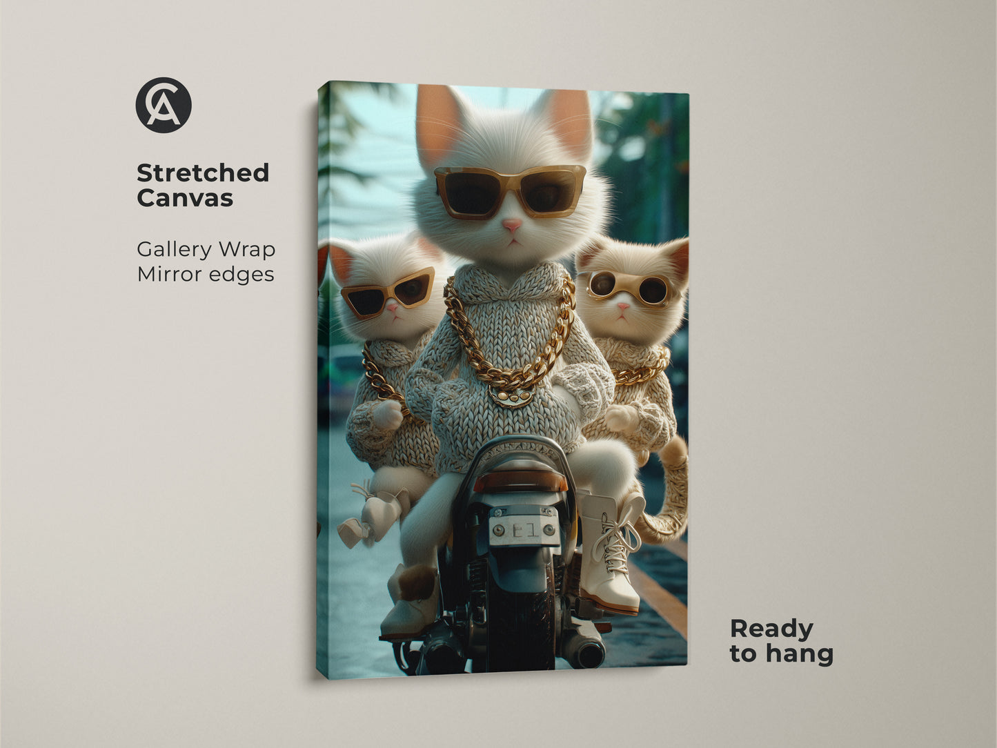 Stretched canvas featuring three stylish cats on a motorcycle. The gallery wrap showcases mirror edges. The cats are depicted wearing sunglasses and gold chains. This ready-to-hang cat artwork brings a playful vibe to your living space. A perfect wall decor choice.