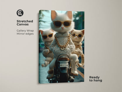 Stretched canvas featuring three stylish cats on a motorcycle. The gallery wrap showcases mirror edges. The cats are depicted wearing sunglasses and gold chains. This ready-to-hang cat artwork brings a playful vibe to your living space. A perfect wall decor choice.