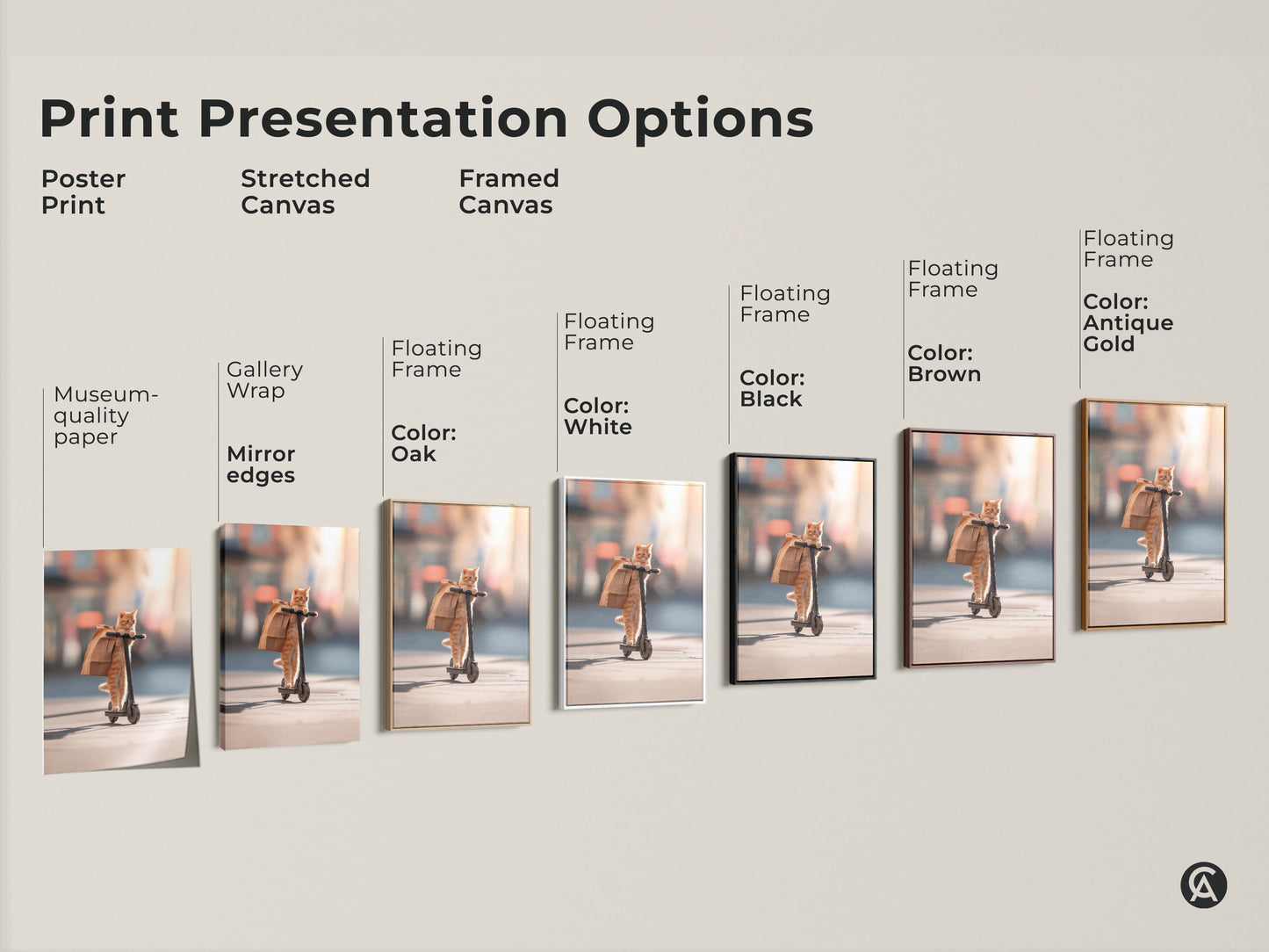 Explore print presentation options for cat artwork. Choose from poster prints stretched canvas and framed canvas. Find the perfect style to showcase this unique piece of animal art. Enhance your home decor today.