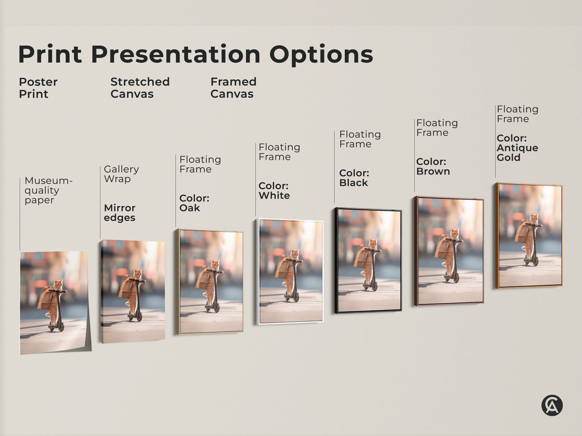Explore print presentation options for cat artwork. Choose from poster prints stretched canvas and framed canvas. Find the perfect style to showcase this unique piece of animal art. Enhance your home decor today.