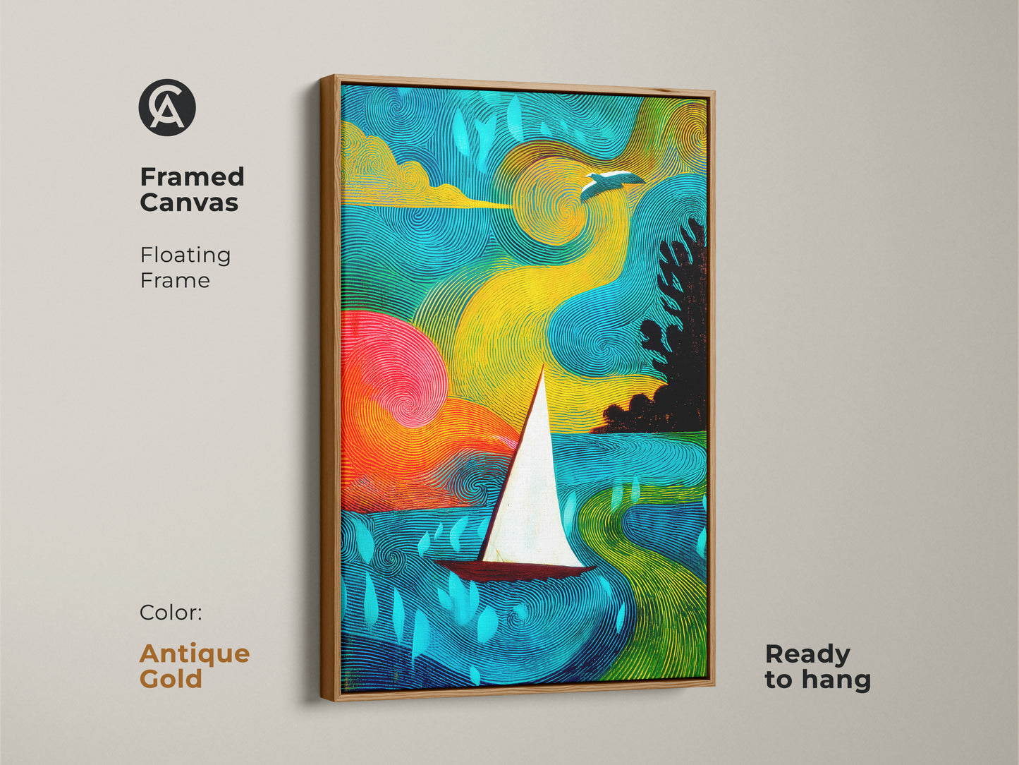Framed canvas artwork showing an abstract sailboat. Teal yellow green seascape adds a bohemian vibe. The antique gold floating frame is ready to hang for coastal home decor. It's a whimsical bird art print.