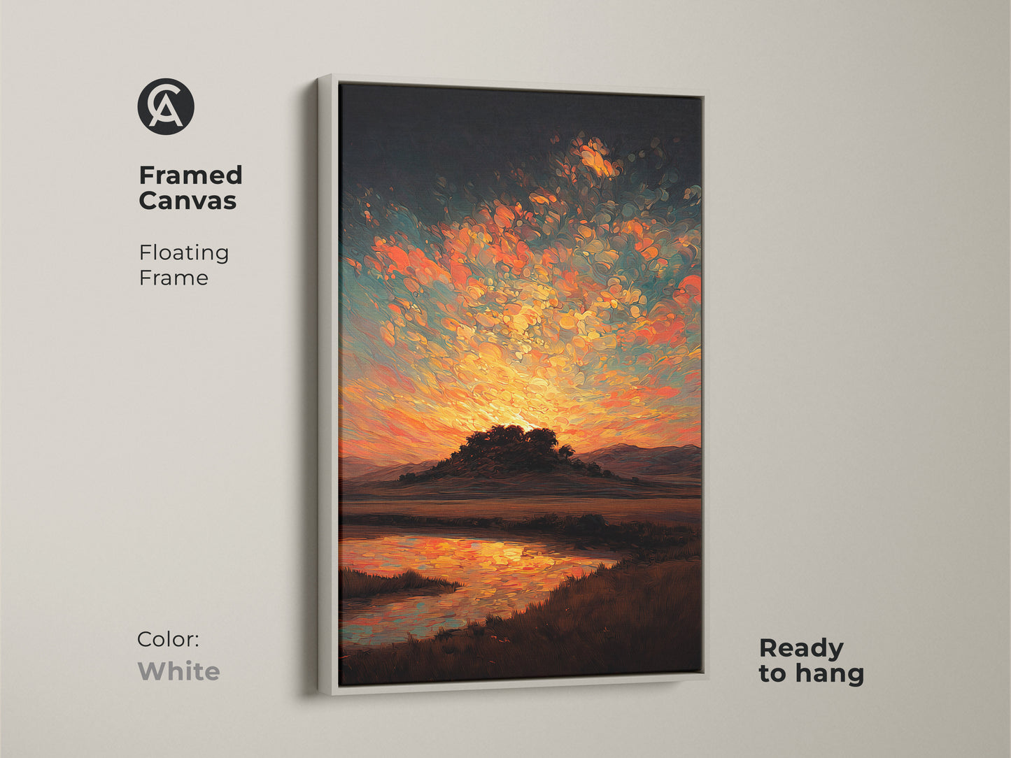 Framed canvas print featuring a sunset hill and water artwork. The floating frame is white. This residential wall decor is ready to hang. It has orange yellow and teal.