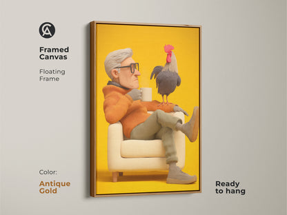 Framed canvas featuring a grandfather and rooster artwork. The floating frame is in antique gold. A quirky wall decor art. This yellow background art brightens up any study room. Perfect as a birthday gift for him. The rooster perched adds charm.