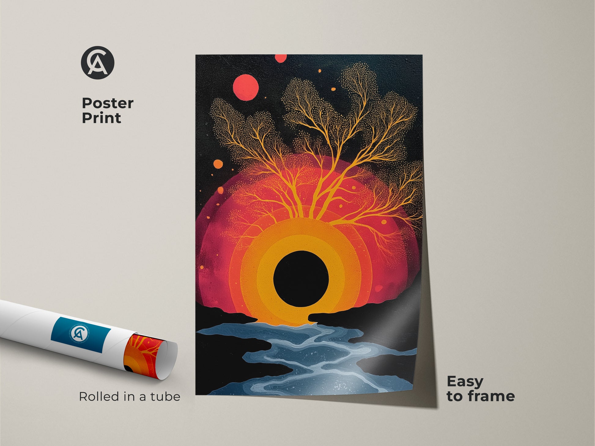 Poster print featuring abstract tree art in black orange and red. The surreal sun print is easy to frame. This celestial artwork is shipped rolled in a tube. A unique wall hanging for eclectic bedroom decor. Modern art print for nature lovers seeking a vibrant sunset canvas.