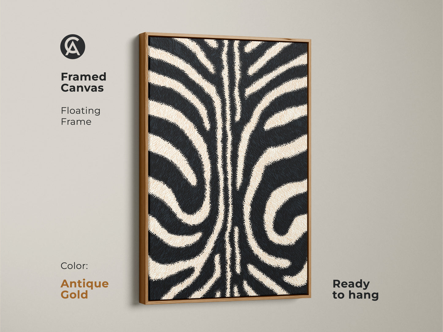 Framed canvas with an antique gold floating frame. This modern zebra artwork is sophisticated. The minimalist animal canvas art is ready to hang. Perfect for eclectic or boho chic decor styles.