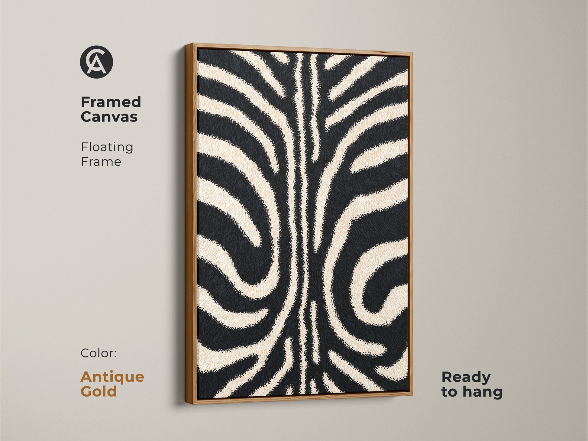 Framed canvas with an antique gold floating frame. This modern zebra artwork is sophisticated. The minimalist animal canvas art is ready to hang. Perfect for eclectic or boho chic decor styles.