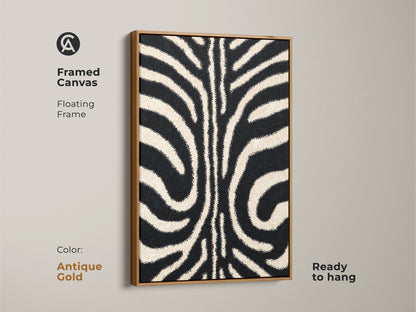 Framed canvas with an antique gold floating frame. This modern zebra artwork is sophisticated. The minimalist animal canvas art is ready to hang. Perfect for eclectic or boho chic decor styles.