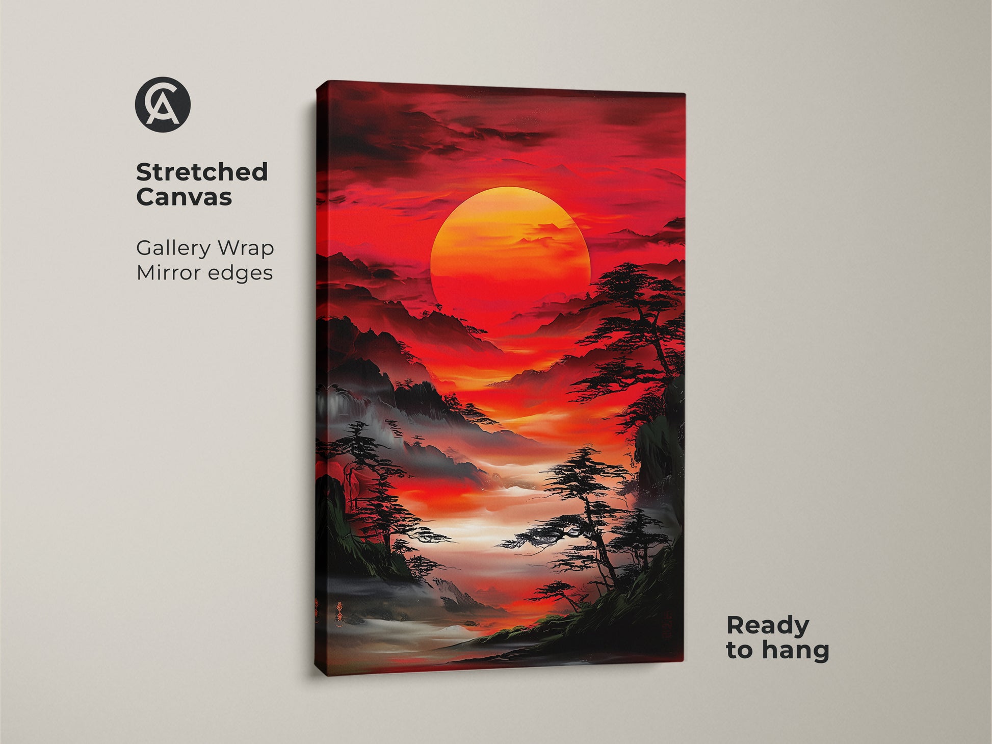 Stretched canvas Asian landscape wall art with gallery wrapped mirror edges. A red sunrise canvas print features misty mountains and pine trees. Ready to hang eclectic home decor for nature lovers.
