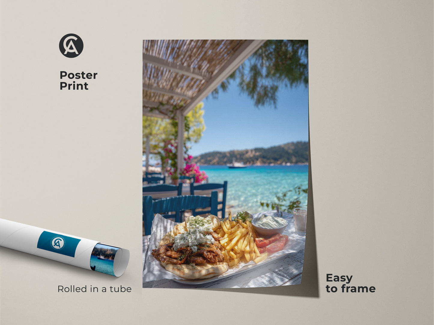 Poster print of a delicious greek gyros platter. It's rolled in a tube and easy to frame. Enjoy the summer vacation vibes with this wall art. The coastal scenery and turquoise sea create a travel inspired food artwork. Add this foodie gift to your home decor.