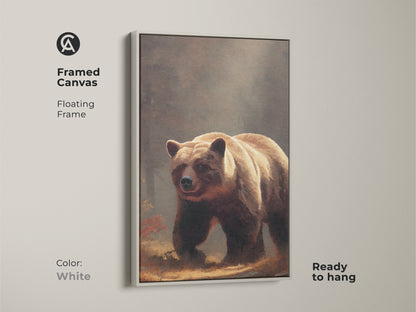 Framed canvas of a realistic bear artwork. White floating frame creates a clean look. This grizzly bear canvas is ready to hang. Earthy tones home decor is ideal.