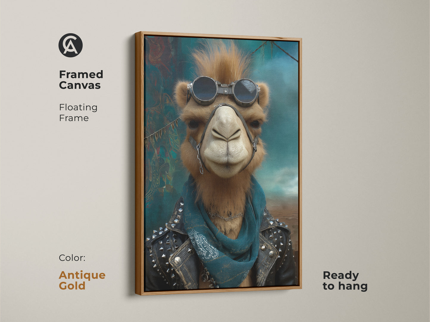 Framed canvas featuring a rocker camel in a studded leather jacket and goggles. An antique gold floating frame enhances the eclectic animal artwork. This quirky wall decor is ready to hang. It’s a cool birthday present for art lovers.