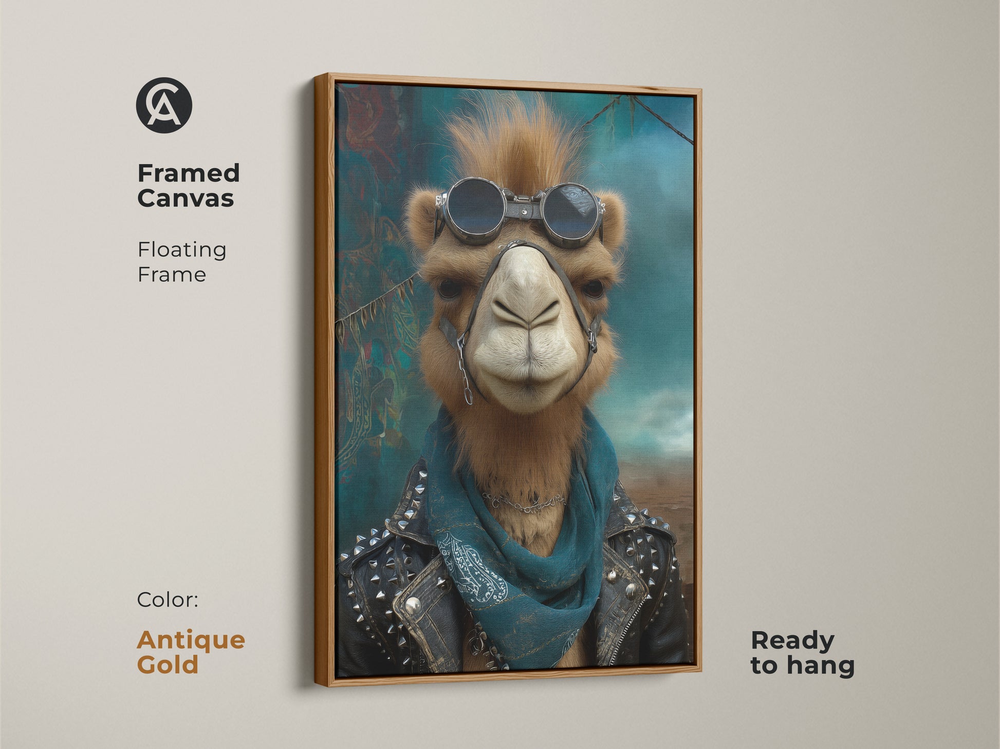 Framed canvas featuring a rocker camel in a studded leather jacket and goggles. An antique gold floating frame enhances the eclectic animal artwork. This quirky wall decor is ready to hang. It’s a cool birthday present for art lovers.