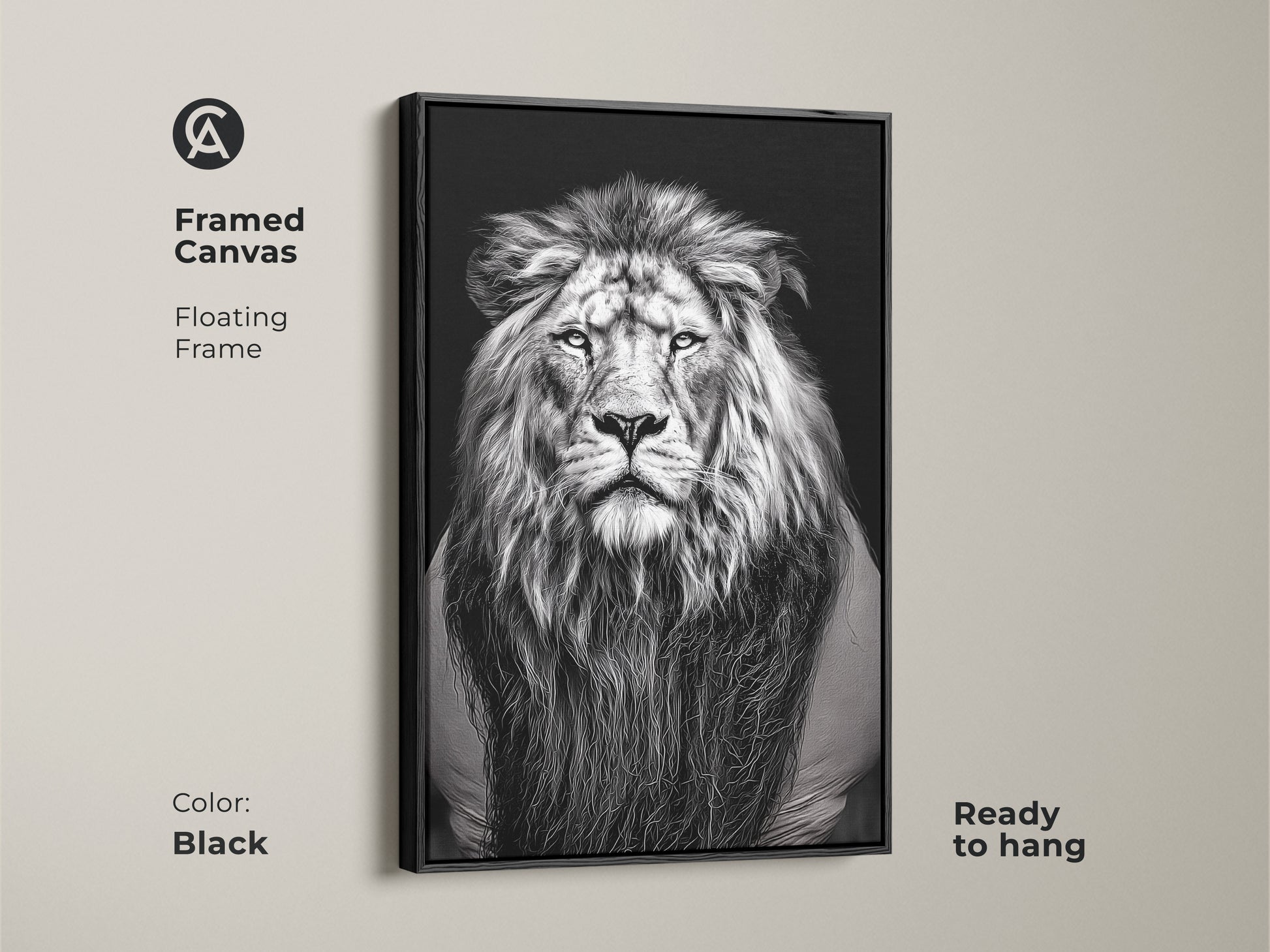 A framed canvas with a floating frame showcases a photorealistic lion. This black framed monochrome wildlife art is ready to hang. The animal face wall decor is perfect for modern interiors. Its a thoughtful gift for any animal lover. This powerful beast art brings a touch of the animal kingdom to your space.