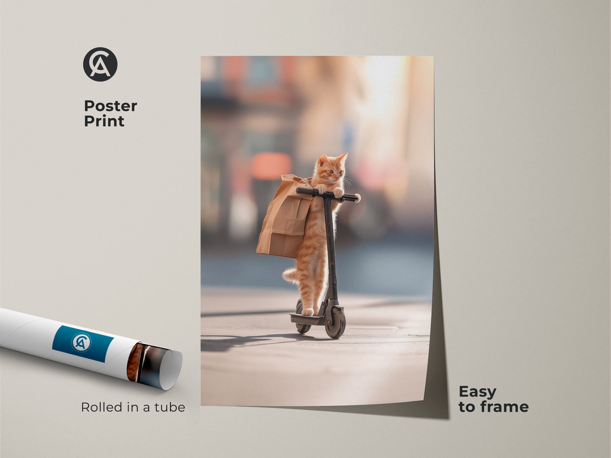 Poster print of a cat riding a scooter. This fun animal art is easy to frame and display. The poster is rolled in a tube for protection. Add a playful touch to your walls with this unique cat artwork.