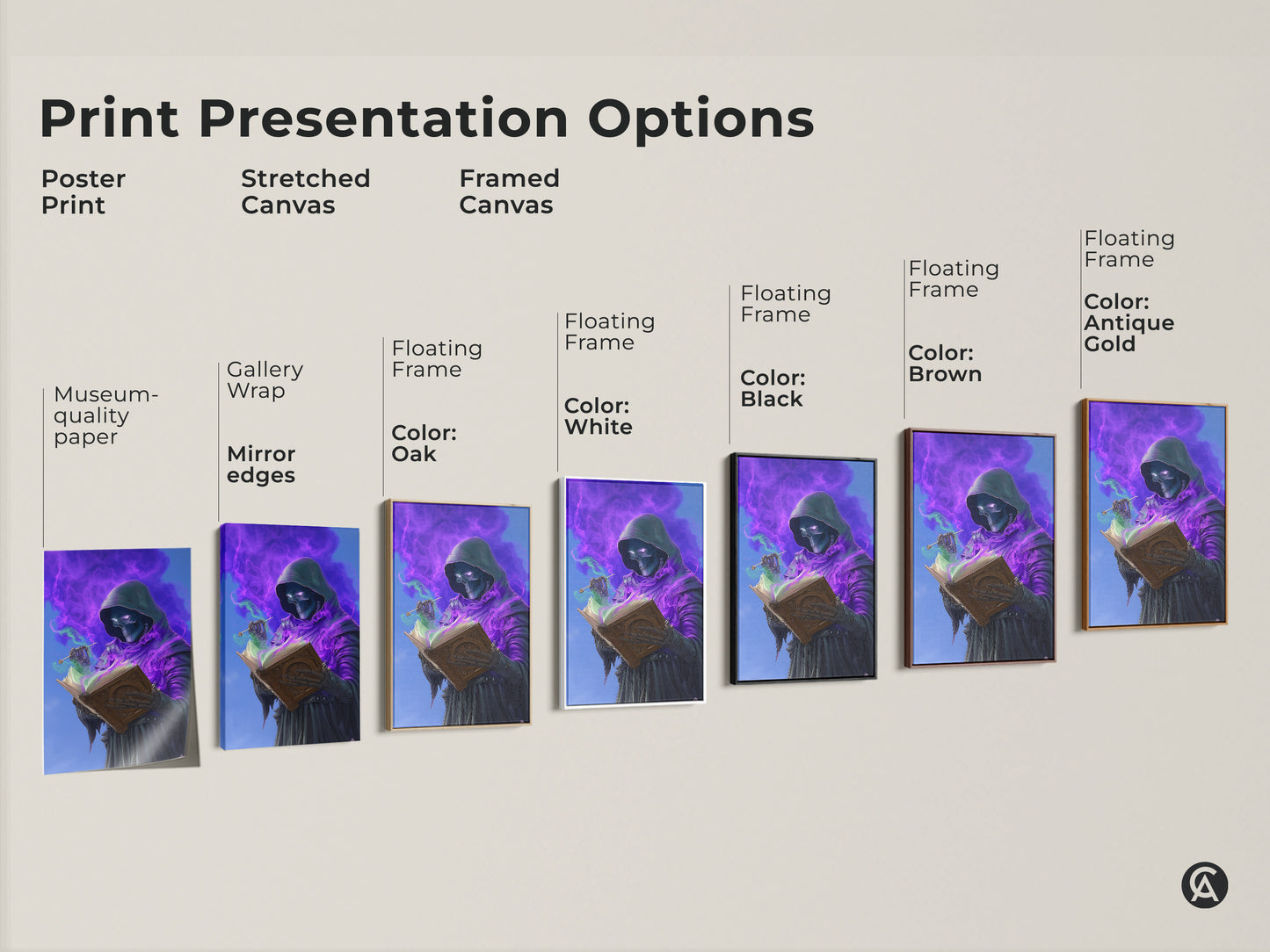 Print presentation options for skeleton wizard art. Options include poster stretched canvas and framed canvas. Floating frame colors are white black brown oak and antique gold. Perfect for dark academia wall art.