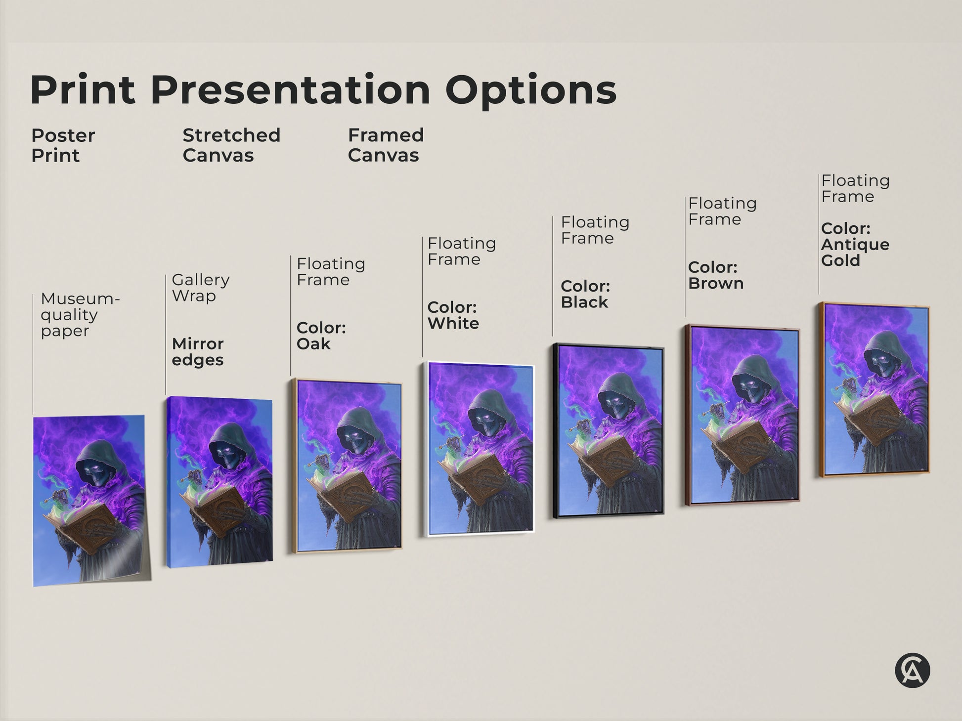 Print presentation options for skeleton wizard art. Options include poster stretched canvas and framed canvas. Floating frame colors are white black brown oak and antique gold. Perfect for dark academia wall art.