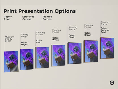 Print presentation options for skeleton wizard art. Options include poster stretched canvas and framed canvas. Floating frame colors are white black brown oak and antique gold. Perfect for dark academia wall art.