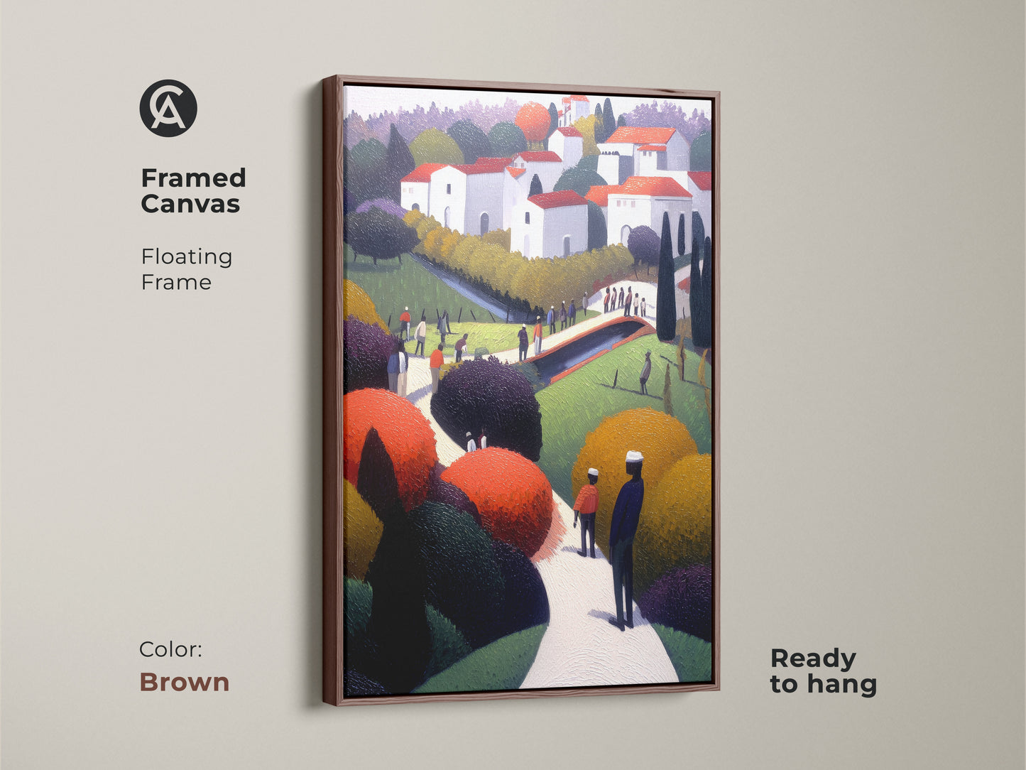 Framed canvas art featuring a folk art village scene. The naive landscape print has a brown floating frame. Ready to hang and brings artistic character to your living space.