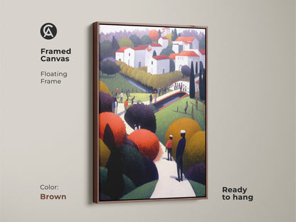 Framed canvas art featuring a folk art village scene. The naive landscape print has a brown floating frame. Ready to hang and brings artistic character to your living space.
