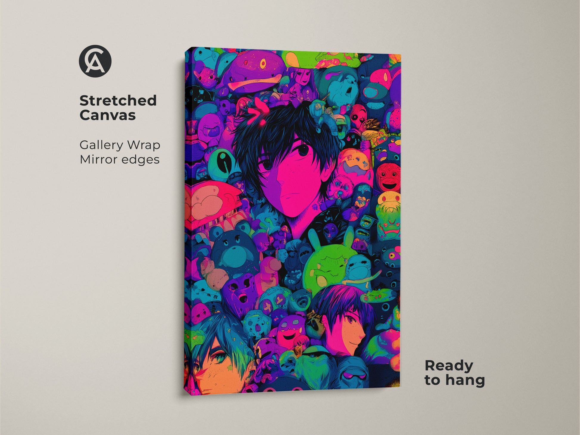 A stretched canvas featuring a vibrant anime art print. The artwork showcases a central anime character. The character is surrounded by a colorful array of whimsical creatures. Ready to hang and adds a modern touch to your space.