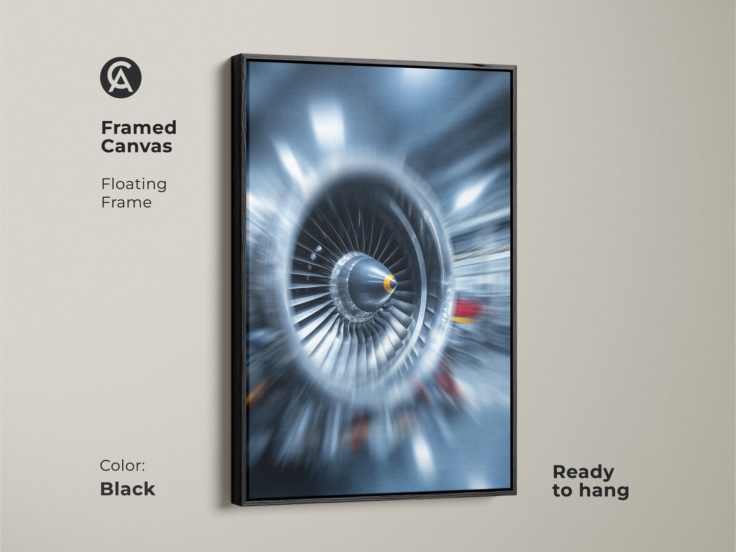 Framed abstract jet engine art with a black floating frame. This turbine blades canvas print is ready to hang. The industrial tech wall art features deep blue and steel gray tones. Complements modern decor and adds a sophisticated touch. Perfect for F1 fans.