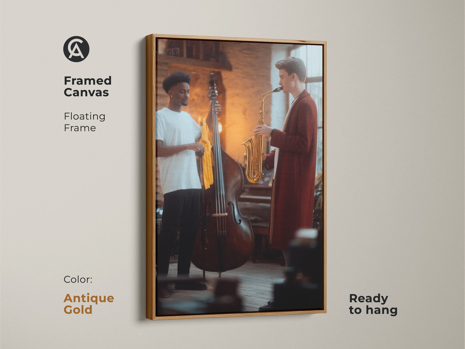This framed canvas showcases a saxophonist and double bass player in a contemporary jazz artwork. Its floating frame enhances its ready-to-hang status. The fine art music scene is ideal as music room decor wall art. A great modern musician gift in antique gold.