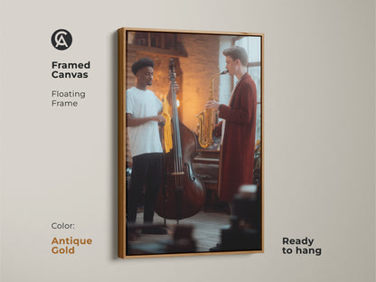 This framed canvas showcases a saxophonist and double bass player in a contemporary jazz artwork. Its floating frame enhances its ready-to-hang status. The fine art music scene is ideal as music room decor wall art. A great modern musician gift in antique gold.