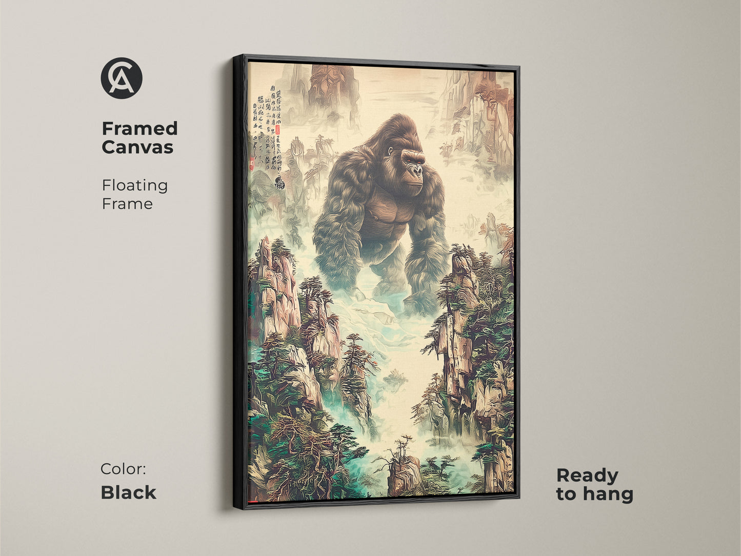 This framed canvas features a floating frame. It is a traditional Chinese art print. It shows a gorilla in a mountain landscape. It is ready to hang in a black frame. The wildlife enthusiast gift displays earth tones and deep greens. It is unique animal artwork.