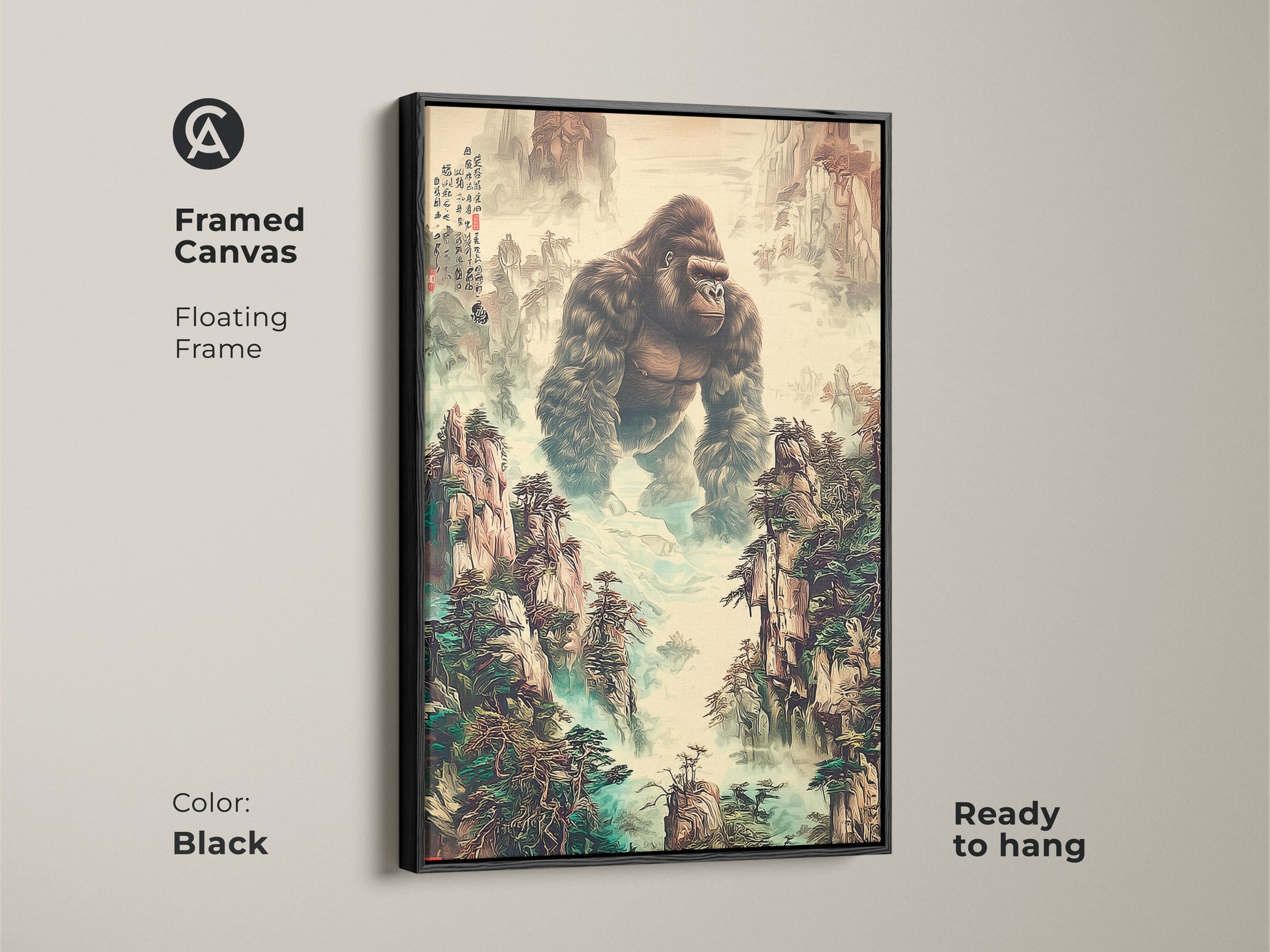 This framed canvas features a floating frame. It is a traditional Chinese art print. It shows a gorilla in a mountain landscape. It is ready to hang in a black frame. The wildlife enthusiast gift displays earth tones and deep greens. It is unique animal artwork.