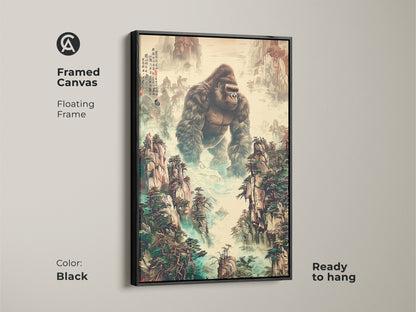 This framed canvas features a floating frame. It is a traditional Chinese art print. It shows a gorilla in a mountain landscape. It is ready to hang in a black frame. The wildlife enthusiast gift displays earth tones and deep greens. It is unique animal artwork.
