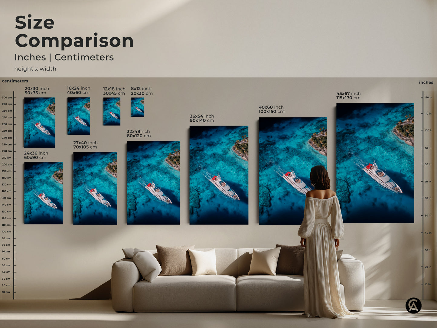 Compare sizes of our yacht and island artwork. See our size comparison guide in inches and centimeters with height x width dimensions. Ranging from 20x30 inch to 45x67 inch our art transforms any space. Visualize how our pieces enhance your decor. Find the perfect fit for your home.