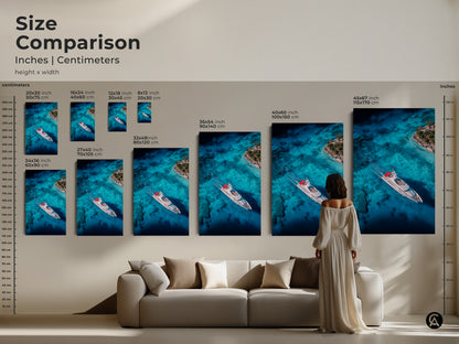 Compare sizes of our yacht and island artwork. See our size comparison guide in inches and centimeters with height x width dimensions. Ranging from 20x30 inch to 45x67 inch our art transforms any space. Visualize how our pieces enhance your decor. Find the perfect fit for your home.