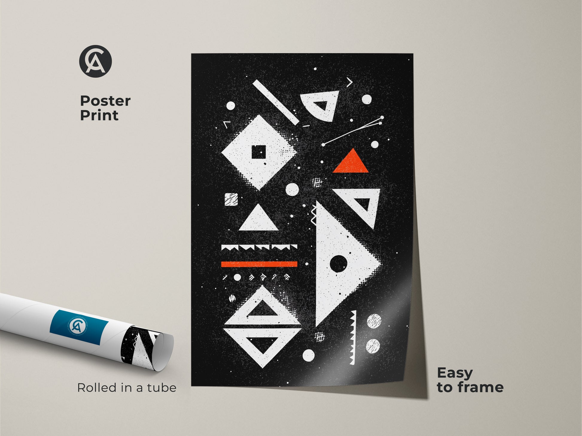 Poster print featuring Bauhaus-inspired abstract geometric wall art. This black white and orange canvas is rolled in a tube for easy framing. It provides a minimalist touch for a modern office or living room. This is an excellent gift for design enthusiasts.