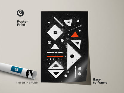 Poster print featuring Bauhaus-inspired abstract geometric wall art. This black white and orange canvas is rolled in a tube for easy framing. It provides a minimalist touch for a modern office or living room. This is an excellent gift for design enthusiasts.