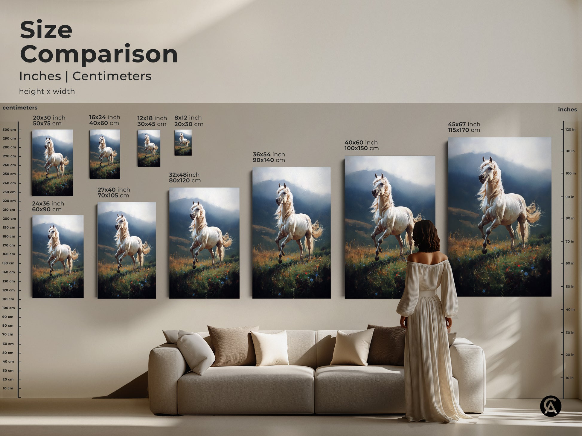 Size comparison of white horse art prints in inches and centimeters. See how the artwork fits above a sofa. Choose from multiple sizes to suit your wall decor needs. Perfect for animal art enthusiasts and those seeking nature-inspired home accents.