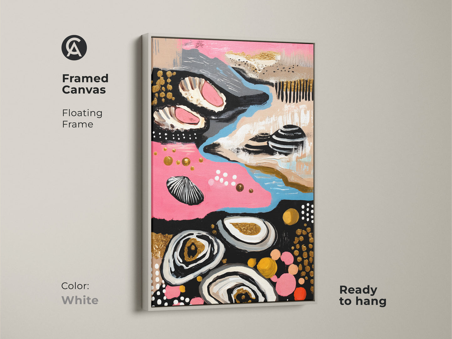 White framed Abstract Coastal Canvas Wall Art adds an artistic touch. With pink blue and gold its perfect for feminine wall art prints. Ideal for home and living decor.
