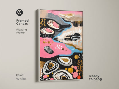 White framed Abstract Coastal Canvas Wall Art adds an artistic touch. With pink blue and gold its perfect for feminine wall art prints. Ideal for home and living decor.