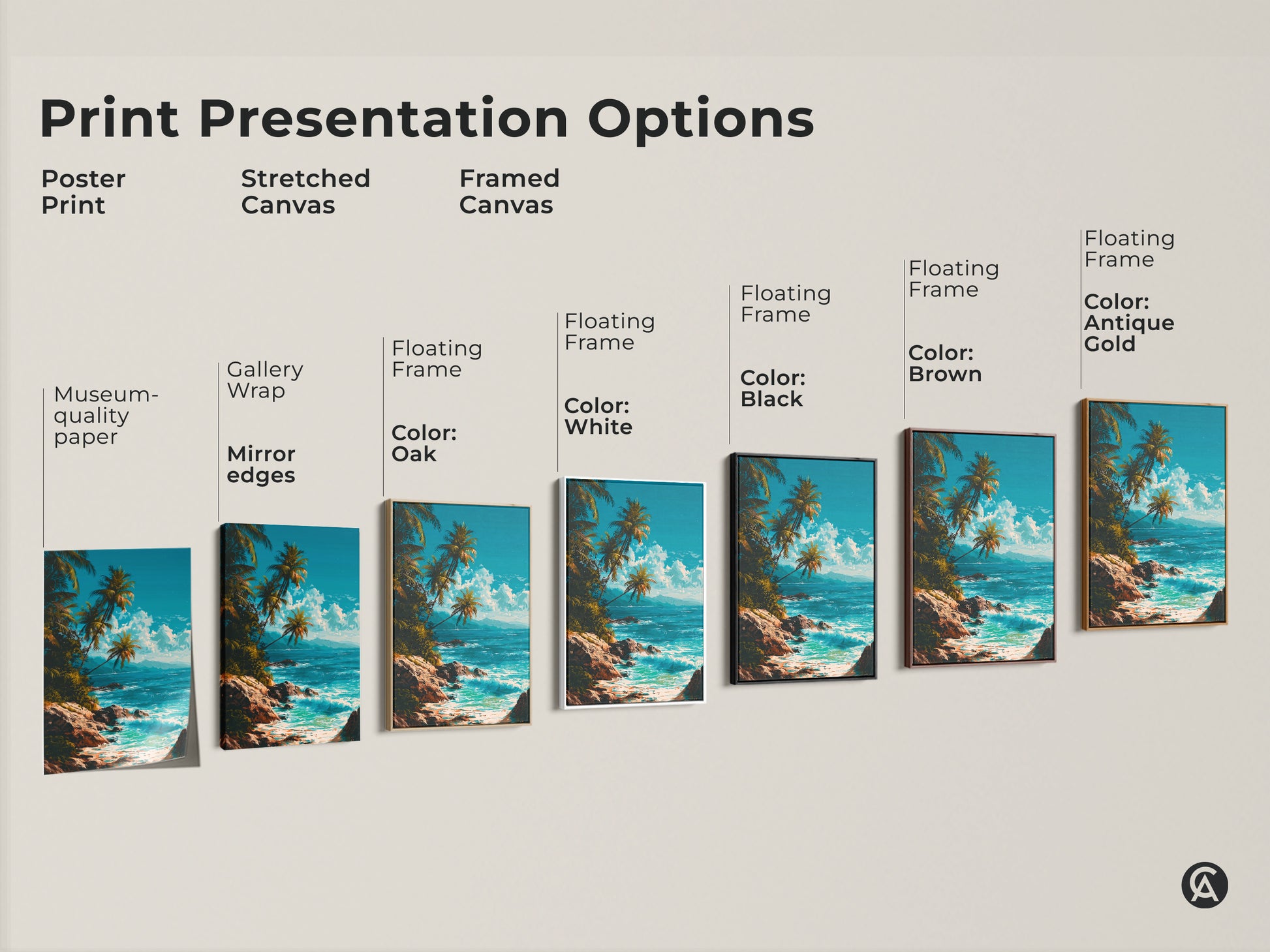 Explore print presentation options with this tropical beach artwork. Choose from poster prints stretched canvas or framed canvas. Each option enhances the artwork's beauty. Select the perfect style to complement your decor. Enjoy museum-quality art in your home.