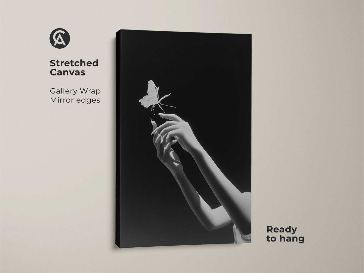 Stretched canvas print featuring a monochrome butterfly art. This minimalist black and white art is ready to hang. The gallery wrap and mirror edges give a contemporary look. This surreal hands canvas print will give any bedroom wall a modern touch. It's a unique wall decor gift for dreamers.