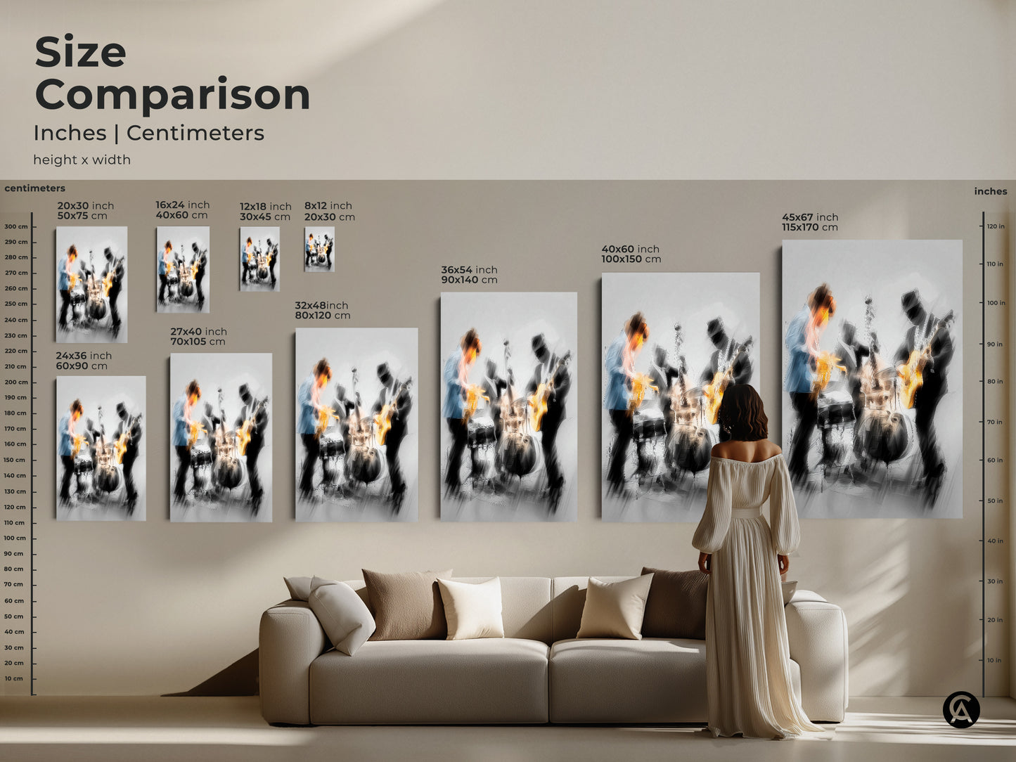 Size comparison of jazz band artwork in inches and centimeters. See how the artwork fits above a sofa. Sizes range from 16x24 inch to 45x67 inch. Choose the perfect size for your living room. Available in canvas and poster prints.