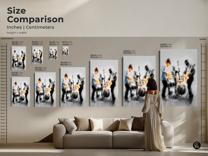 Size comparison of jazz band artwork in inches and centimeters. See how the artwork fits above a sofa. Sizes range from 16x24 inch to 45x67 inch. Choose the perfect size for your living room. Available in canvas and poster prints.