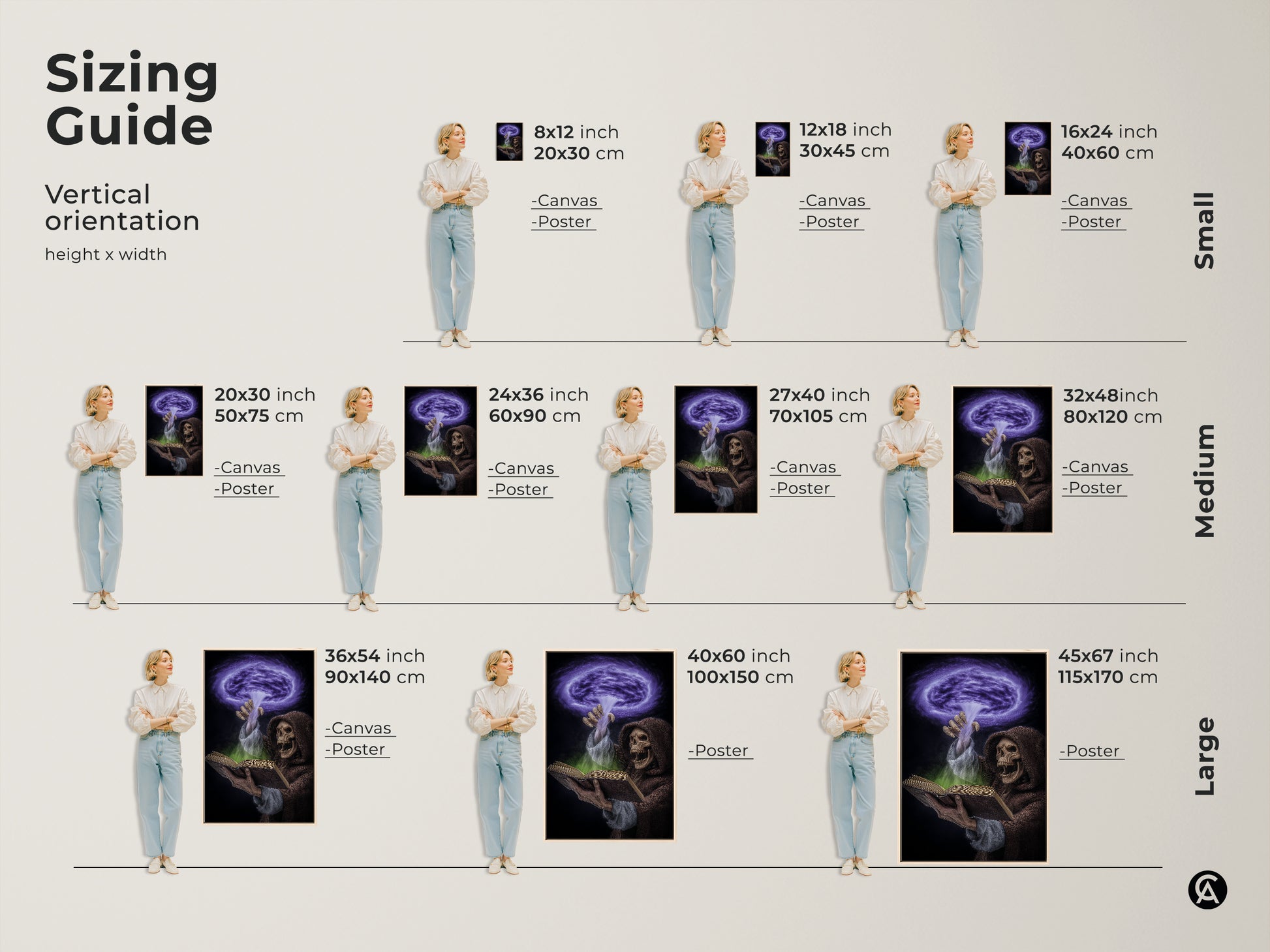 Sizing guide for vertical dark fantasy artwork. Options include canvas and poster prints. Sizes range from small to large. This gothic spellbook art features a Grim Reaper and purple green magic. Perfect for goth home decor in a study or office this art makes a unique Halloween gift.