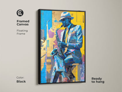 Framed canvas featuring a jazz saxophone player. The black floating frame enhances the artwork. This adds a touch of sophistication. The colorful painting is ready to hang. Perfect for adding musical flair to your home.