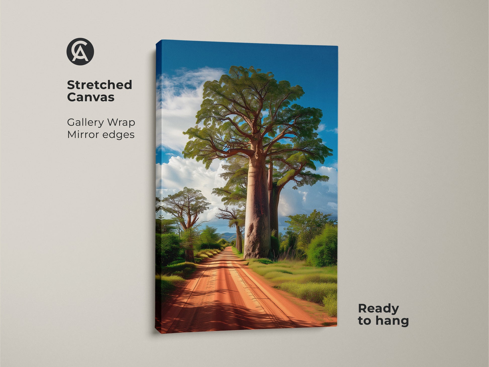 Stretched canvas art of an African Savanna with a large Baobab tree. Gallery wrapped with mirror edges. The artwork is ready to hang. This earth tones landscape brings nature and a boho vibe to any room.